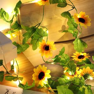 20 stuks Zonnebloem Led Fairy Light Battery Operated Koperdraad Lvy Green Leaf String Light Wedding Party Guirlande Lamp Decoratie