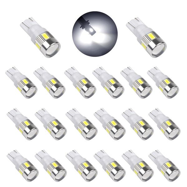 20 pièces blanc T10 W5W 5630 6SMD 12V ampoule Led pour voiture plaque d'immatriculation lumière intérieur lumières lecture lumière coffre ampoule