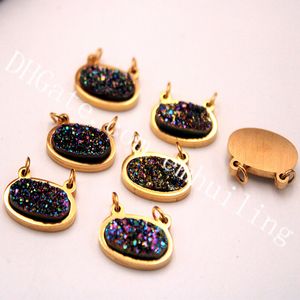 20pcs gros plaqué or lunette arc-en-ciel ange aura titane agate druzy géode connecteur ovale double bails paillettes pierres précieuses charmes