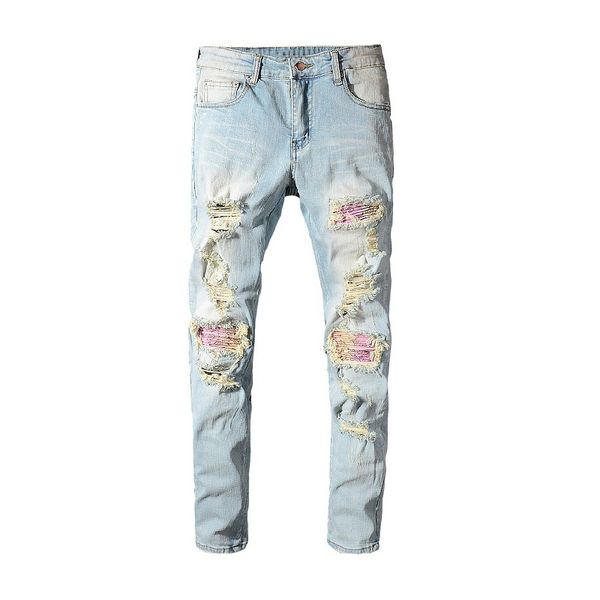 20SS Designer Haute Qualité Hommes Jeans Vêtements Pantalons à glissière Bleu clair Mode Hommes Slim Denim Straight Biker Hole Hip Hop Rock Revival Jean