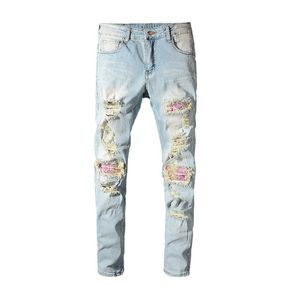 20SS Designer Haute Qualité Hommes Jeans Vêtements Zipper Pantalon Bleu Clair Mode Hommes Slim Denim Droit Biker Trou Hip Hop Rock Revival Jean