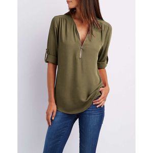 20SS Designer Shirt V-Neck Zipper Zomeroverhemden Oversized dames lange mouwen pull-up dames t-shirt mouwen losse chiffon shirt zust
