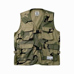 Chaleco multibolsillo de camuflaje Retro japonés para hombres y mujeres, chaqueta holgada sin mangas de un solo pecho, chaleco de gran tamaño Harajuku 20SS 172V