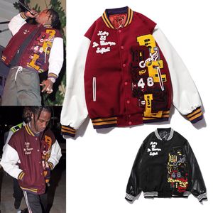 20SS Chaquetas de hombre TRAVIS manga de cuero de lana costura bordado uniforme de béisbol masculino cuello alto chaqueta acolchada pareja ropa de algodón