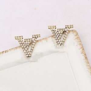 20style Mixed 18K Gold Plated Designers V Letters Stud Geométrico Mujeres famosas 925 Silver Crystal Rhinestone Pendiente Wedding Party Jewerlry Gift