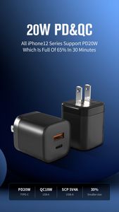 20W 18W PD Chargeur rapide Deux ports CB Chargeurs muraux USB QC3.0 Type-C Adaptateurs de voyage US EU UK Plugs Avec emballage de vente au détail