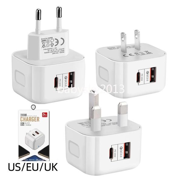 20W Cargador rápido rápido Tipo c PD USB-C Cargador de pared Puertos duales UE EE. UU. Reino Unido Adaptador de corriente para Iphone 11 12 13 14 15 Samsung Huawei Xiaomi con caja b1