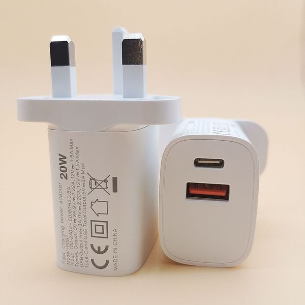 Cargador rápido USB-C de 20W Carga rápida Tipo C PD Adaptador de enchufe del Reino Unido QC 3.0 Inteligente para iPhone Samsung con caja de venta al por menor