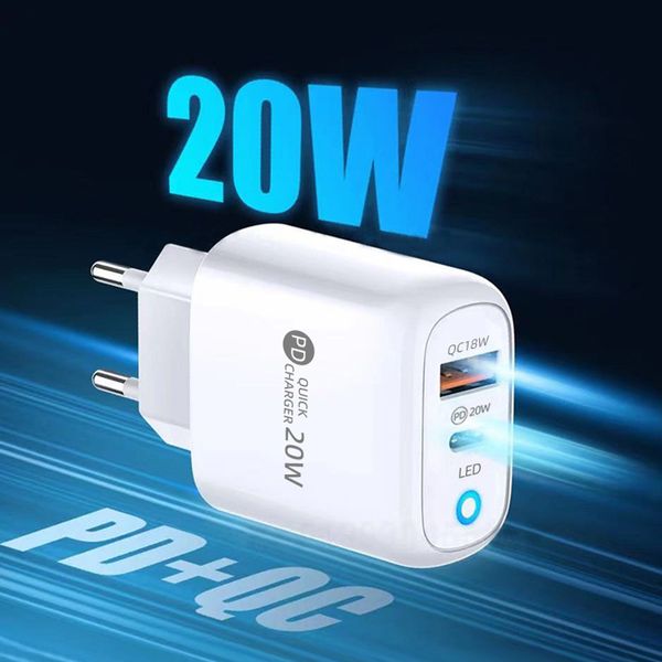 Chargeur PD 20W Double chargeur rapide USB USB QC3.0 Type C Charger mural 10W Adaptateur mural plug US / EU / UK pour l'iPhone 14 Mobile Phone