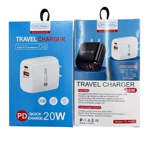 Chargeur mural USB 20W PD QC3.0 US EU Prise de charge rapide Adaptateur secteur USB-C Type-C Chargeurs de voyage à charge rapide pour téléphone intelligent pour iPhone Samsung avec boîte d'emballage de vente au détail