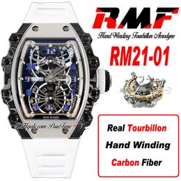 21-01 Véritable Tourbillon Aerodyne Remontage Manuel Montre Homme RMF Acier Boîtier En Fibre De Carbone Cadran Squelette Bracelet En Caoutchouc Blanc Montres Super Edition Puretime B2