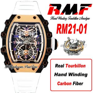 21-01 Real Tourbillon Aerodyne Hand Winding Mens Watch RMF Rose Gold Carbon Fiber Case Skelet-wijzerplaat Witte rubberriem horloges super editie Puretime D4