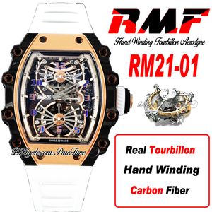 21-01 Véritable Tourbillon Aerodyne Remontage Manuel Montre Homme RMF Or Rose Boîtier En Fibre De Carbone Cadran Squelette Bracelet En Caoutchouc Blanc Montres Super Edition Puretime D4