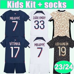 23 24 MBAPPE SERGIO RAMOS Voetbalshirts voor kinderen KIMPEMBE Home Away 3e 4e Voetbalshirts DRAXLER VERRATTI Kinderuniformen