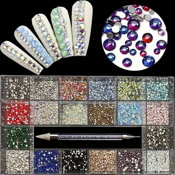 21 grilles Kit de strass nail art, mélange aléatoire en forme d'ongle strass de clous pour ongles en acrylique, perles d'ongles en strass scintillantes, cristaux de paillettes 3D Charmes accessoires