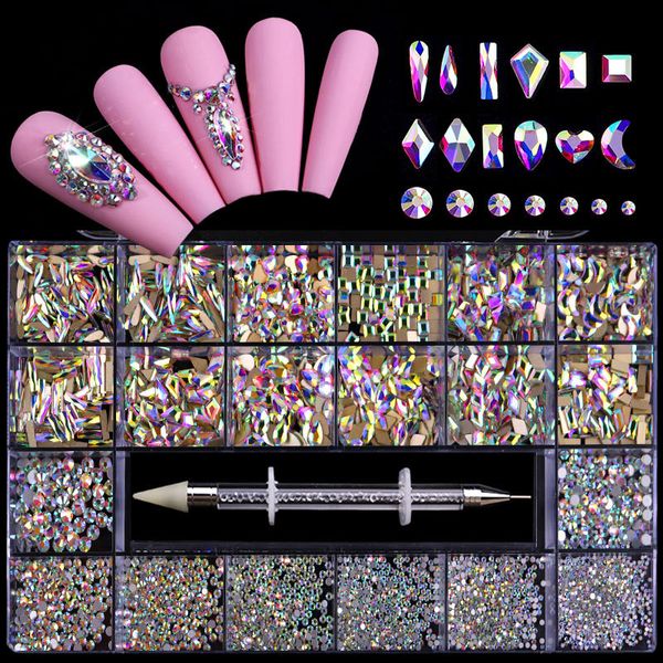 Juego de 21 rejillas de diamantes de imitación para uñas, cristales de múltiples formas, acrílico, diamantes de colores planos, paquete de herramientas de recogida para salón de manicura DIY
