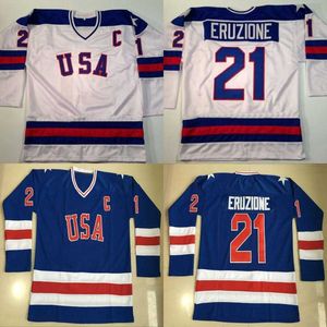 # 21 Mike Eruzione Jersey 1980 Miracle on Ice Hockey Jersey Mens 100% Cousue Stipey S Team USA Hockey Jerseys Blue White