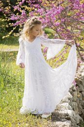 211 jaar Boho Flower Girl -jurk voor bruiloft Meisjes Junior bruidsmeisje jurken Lace First Communion Boemische jurk 240401