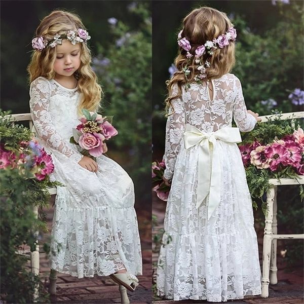 212 ans robes de fille de fleur blanc beige à manches longues robe d'été communion enfant en bas âge enfants baptême mariage demoiselle d'honneur vêtements 220707