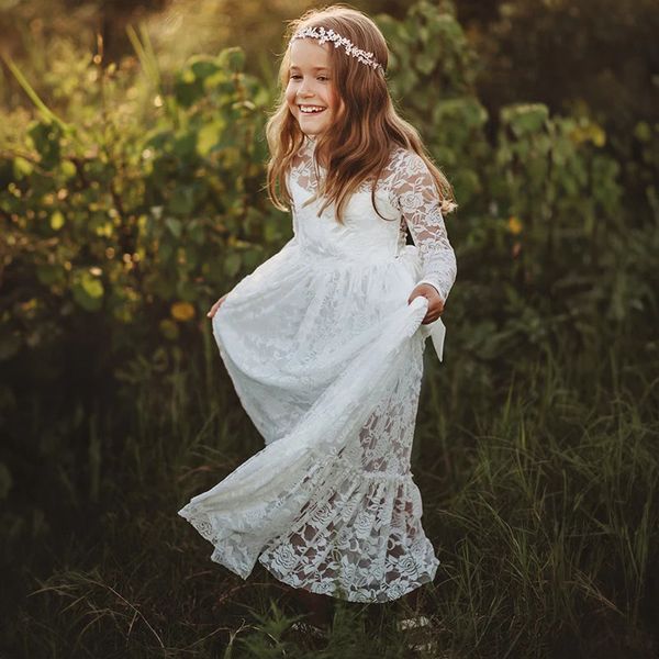 212 años Vestidos de niña de flores Blanco Beige Vestido de verano de manga larga Comunión Niños pequeños Bautizo Boda Ropa de dama de honor 240126