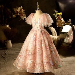 2122 schattige bloem meisje jurken voor bruiloft kant lovertjes floral appliques tiered rokken meisjes pageant jurk kinderen halloween verjaardags feestjurken