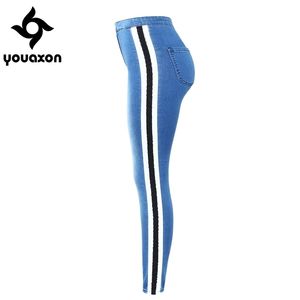 2136 Youaxon grande taille jean taille haute avec rayures latérales femme extensible Denim pantalon slim pantalon pour femmes 210809