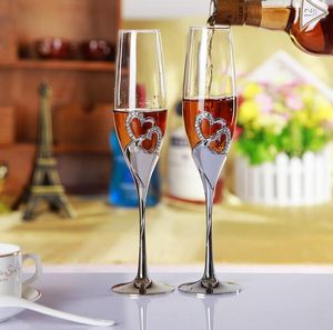 2 stks / set Bruiloft Champagne Crystal Verzilverd Toostfluiten Lange Wijnglazen Cup Diamond Ring voor Party Decoration Gift