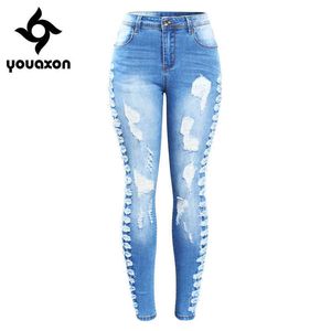 2145 Youaxon arrivé plus taille extensible déchiré jean femme côté en détresse denim maigre crayon pantalon pantalon pour femmes 211129