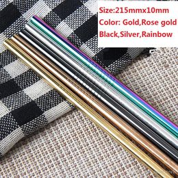 215mmx10mm argent/noir/or/or Rose/arc-en-ciel en acier inoxydable paille à boire large longue réutilisable Fat Metal Smoothie Pailles LX047