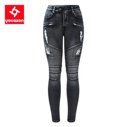 2168 Youaxon Noir Moto Biker Zip Jeans Femmes Mi Haute Taille Stretch Denim Skinny Pantalon Moteur Pour Femmes 210708