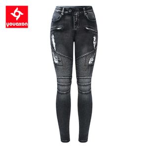 2168 Youaxon Black Motorcycle Biker Zip Jeans Dames Mid Hoge Taille Stretch Denim Skinny Broek Motor Jeans voor Dames 210616