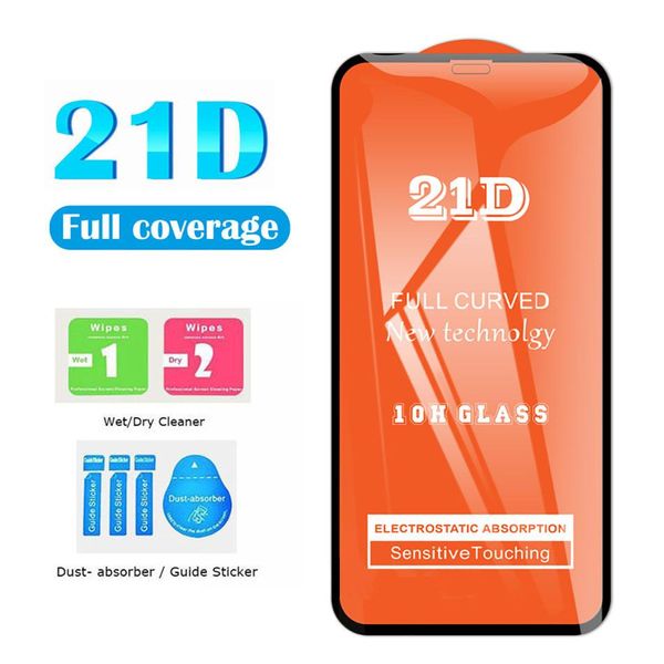 Protecteur d'écran 21D Full Glue en verre trempé pour Samsung A21s A71 Huawei P40 Lite iPhone 12 Pro Max 11 Cover Edge avec sac en mousse