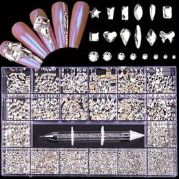 21Grid, Flat Back Nail Art Rhinestones voor doe -het -zelf- of nagelsalon, gemengde kristal nagel kunst edelstenen ingesteld met boorpen