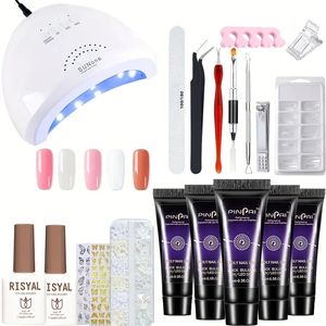 Kit d'extension d'ongles en gel 21PCS / 20PCS avec lumière UV - Ensemble de vernis gel classique de 5 couleurs pour faux ongles, mini lampe USB LED portable, kit de manucure tout-en-un pour débutant, salon de bricolage