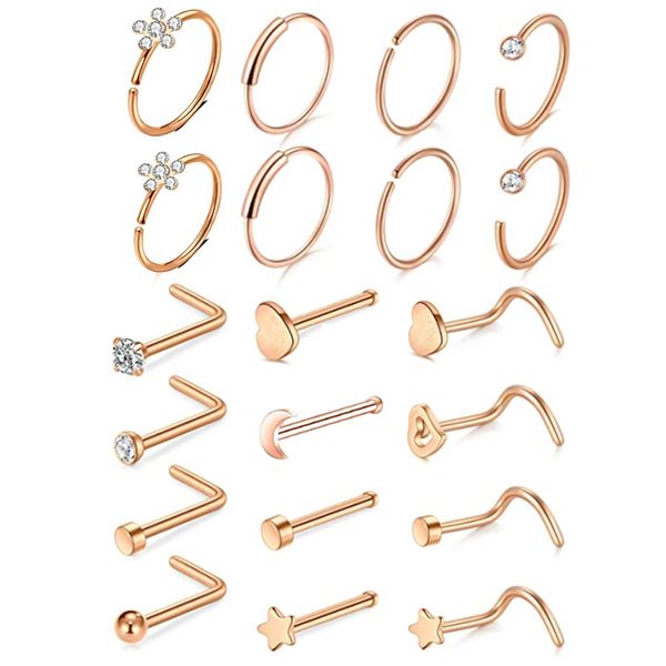 21pcs / set ensemble d'ongles de nez accessoires de piercing en acier inoxydable argent anneau de nez or rose goujons sourcil langue oreille ventre anneaux bijoux