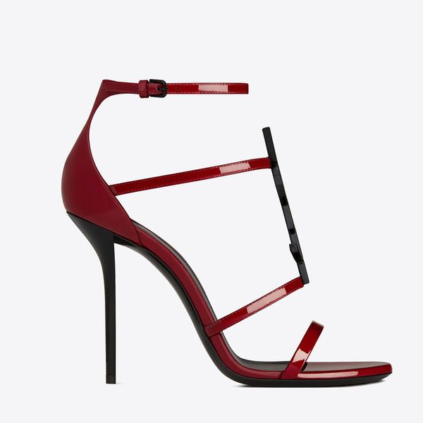 SANDALES POUR FEMMES D'ÉTÉ 21S Chaussures de marque Cassandra sandale en cuir verni noir à bout ouvert avec talons fins sexy bride à la cheville sandales pour dames