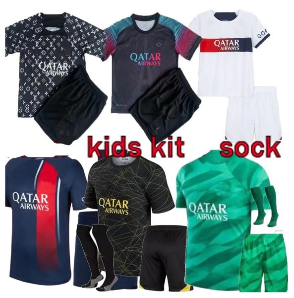 23 24 Enfants avec shorts et chaussettes Maillots de football 2023 2024 Paris psgs Hommes ensembles MBAPPE SERGIO RAMOS enfants costume chemises de football T enfants Maillot De Foot 16/28