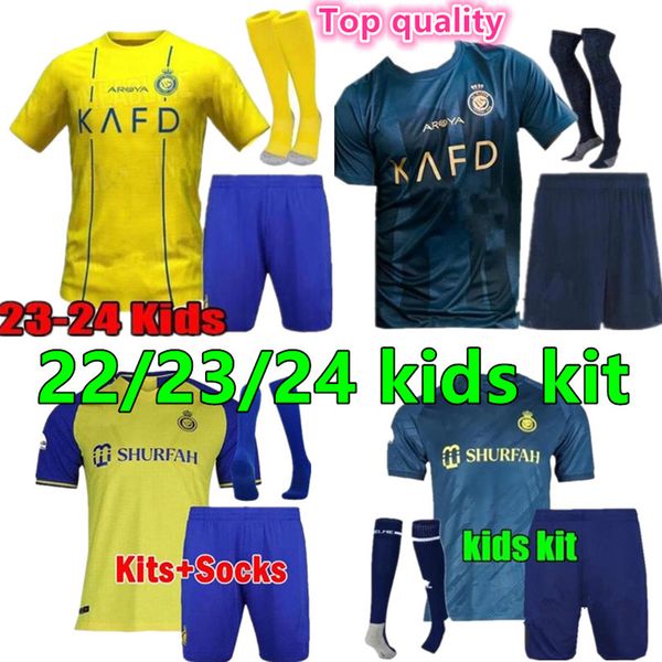 23 24 Maillots de football Al Nassr FC Ronaldo Kids Kit enfant uniforme 2023 Accueil jaune CR7 garçons Football shiirt T Al-Nassr loin troisième quatrième MARTINEZ GHAREEB Arabie Saoudite
