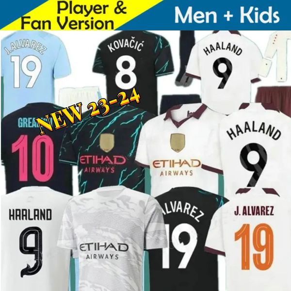 23 24 HAALAND Soccer Jerseys Man City Hommes Chemises de football DE BRUYNE RODRIGO GREALISH FODEN 2023 2024 MANS VILLES BERNARDO RUBEN DOKU ALVAREZ Fans Joueur Kits Enfants