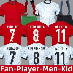 2024 Euro Portugals Fan Player Version Men Kits Kits de football Kits Ronaldos Home Away Camisa de Futebol B.Fernandes R. Lea Joao Felix Bernardo G.Ramos CR7S Jerseys de football