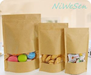 22 * 30 + 5cm, 100 X Stand-up Brown Kraft Paper Ziplock Bag met Clarity Window-Standing Craft Paper Coffee Bean Peanut Storage Pouch