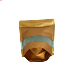 22 * 30cm Doypack Sac d'emballage en papier d'aluminium gaufré Stand Up Gold Zip Lock 50pcs / lot avec fenêtre transparente Mylar Ziplock Poucheshigh quatity