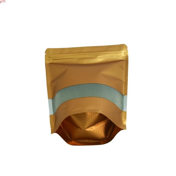 22 * 30 cm Doypack Bolsa de embalaje de papel de aluminio en relieve Stand Up Gold Zip Lock 50 unids / lote con ventana transparente Mylar Ziplock Bolsas de alta calidad