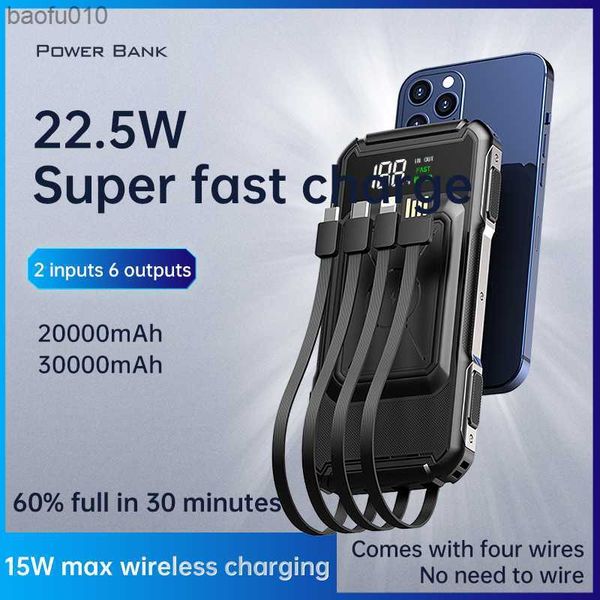 Banco de energía de carga rápida de 22.5W 30000mAh Cable incorporado Cargador inalámbrico Qi de 15W para iPhone 12 Samsung S20 Airpods 5 4 3 2 Powerbank L230619