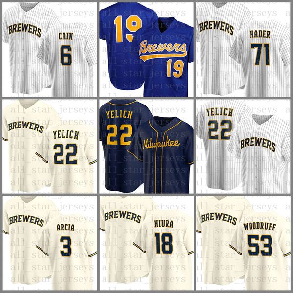 22 Maillot de baseball Christian Yelich Milwaukee Custom Brewers Robin Yount Lorenzo Cain Orlando Arcia Keston Hiura Josh Hader Woodruff Blanc