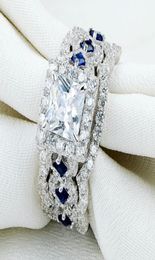 22 ct 3 pcs solide 925 Silt Silver Halo Anneaux de mariage Princess Cut Cz Blue Side Stone Bijoux classiques pour femmes5033195