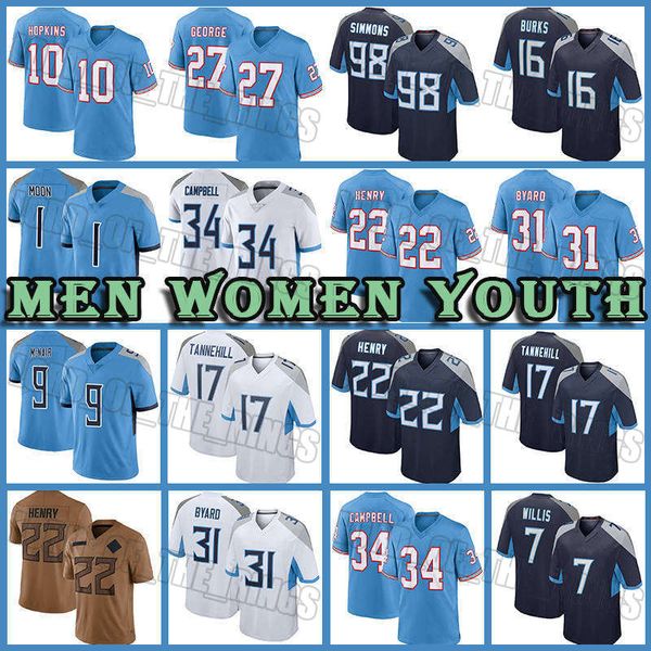 22 Derrick Henry 10 DeAndre Hopkins Maillots de football 98 Jeffery Simmons Treylon Burks Tennessees Titanes Steve McNair Ryan Tannehill Harold Landry III Eddie George