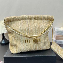 22 Sac poubelle Mode Sac à bandoulière pour femme Paille tressée Matériel doré Fermoir en métal Sac à main de luxe Matelasse Chaîne Sacs à bandoulière Chaîne de perles Porte-monnaie Sacs de maquillage