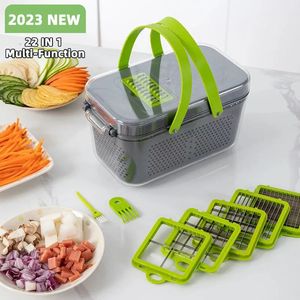 22 in 1 Hopper végétal Slicer multifonctionnel DICER CUTTER CUITTER ROUNE ONION AIR PORTATE DE CAROTS AIL 240325