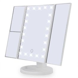 22 Miroir de maquillage léger LED pour la douche de bureau Salle de bain Utilisation du gradation pliable Toum Beauté Cosmetic 10x Miroir rond de grossissement